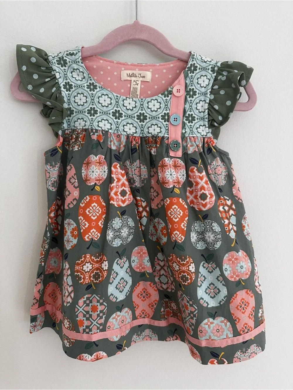 Matilda Jane Green & Pink Patterned Apple Pear Print Flutter Top size 4